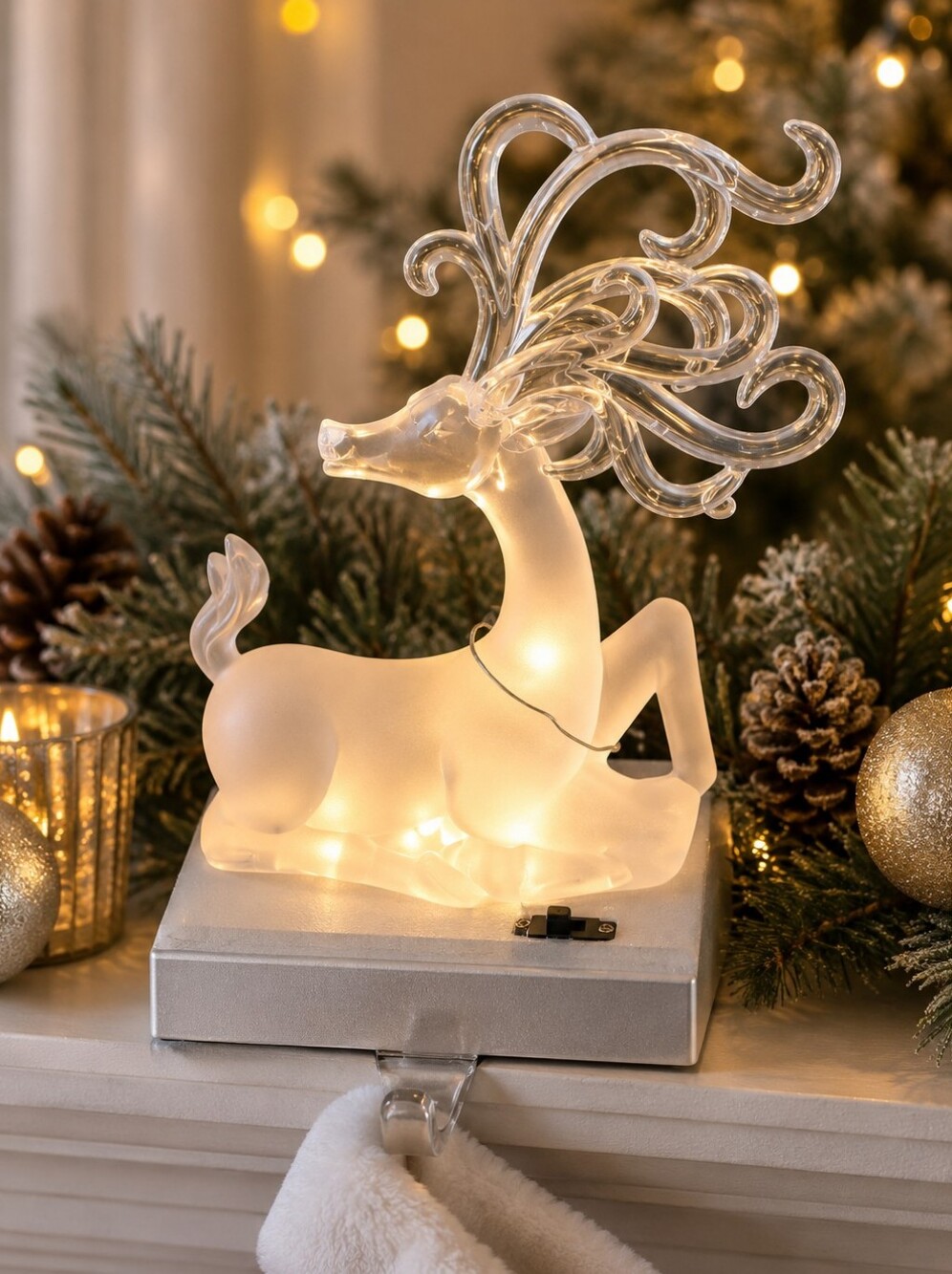 Lighted Acrylic Reindeer Stocking Holder Frosted Deer Christmas Mantel Decor NIB - Picture 1 of 7